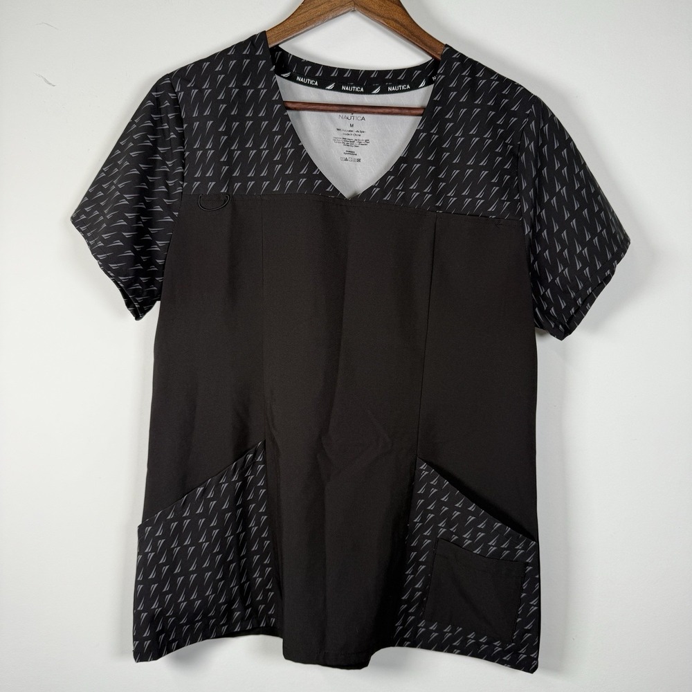 NWT Nautica Medical Scrubs Top Shirt‎ Womens Large V-Neck Pockets Loop Med Black